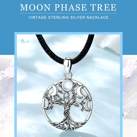 S925 Sterling Silver Tree of Life Moon Phase Necklace, Triple Moon Goddess Moonstone Amulet