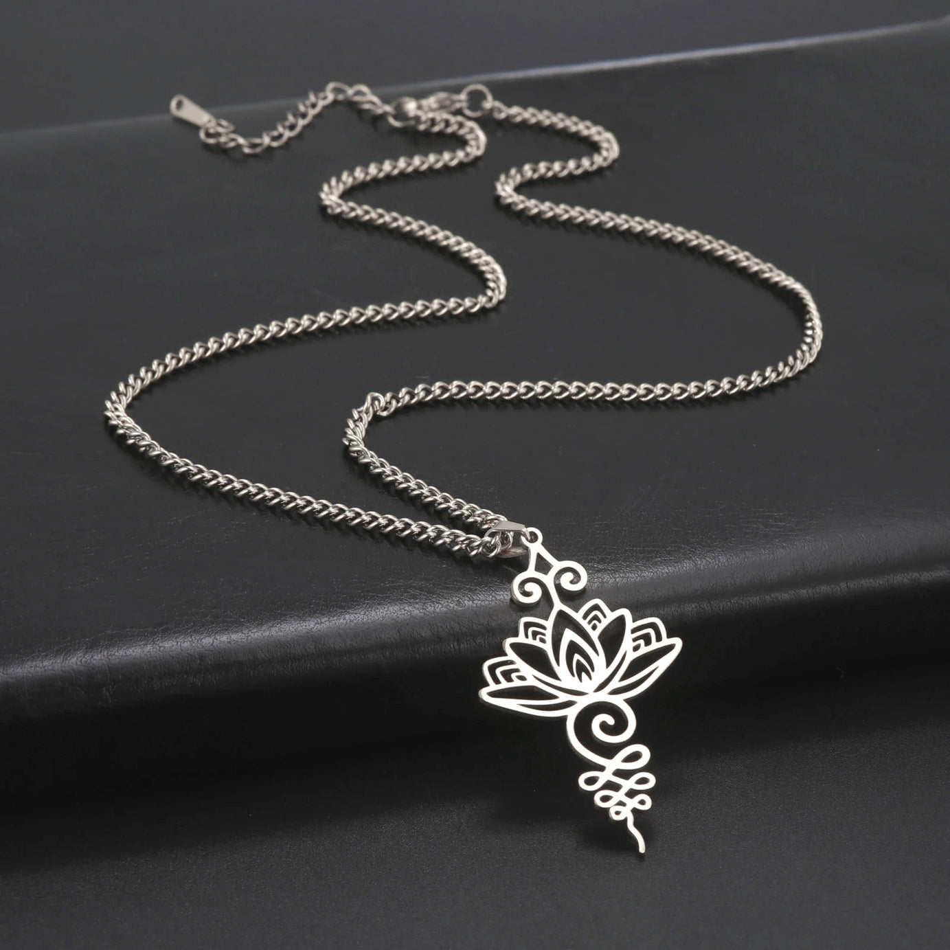 Lotus & Unalome Chakra Pendant, Stainless Steel Sacred Path Necklace