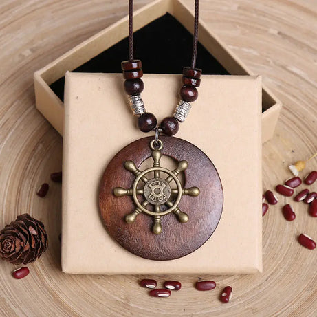 Wood Owl Leaf Pendant Wax Rope Necklace Jewelry