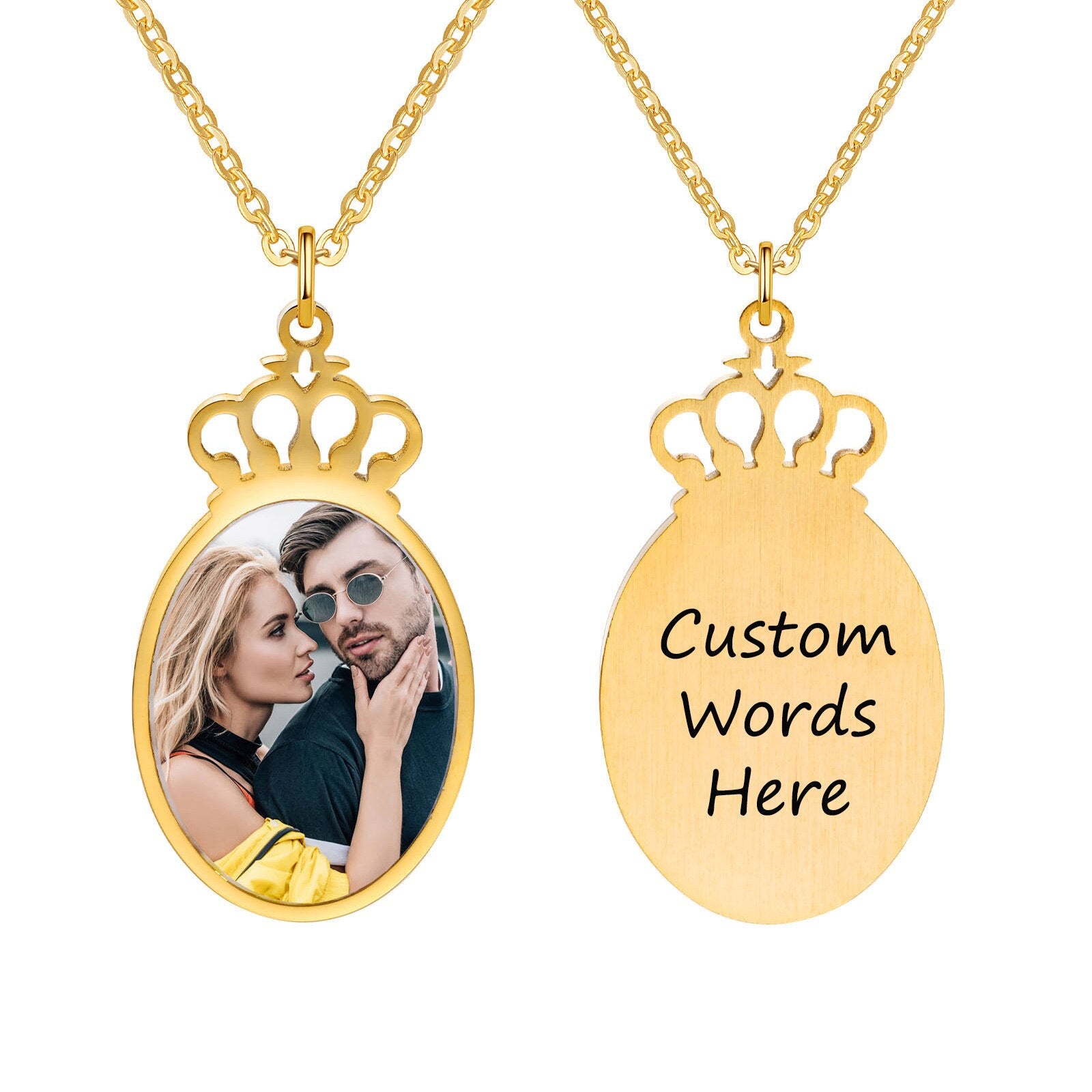Vnox Free Personalize Photo Crown Necklaces for Women,Custom Picture Image Words Info, Stainless Steel Pendant Collar Gift - Charlie Dolly