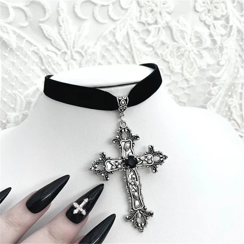 Goth Limited Black Velvet Cross Bead Choker Necklace Jewelry Gorgeous Women Punk Gift Statement New Gothic Halloween Grunge - Charlie Dolly