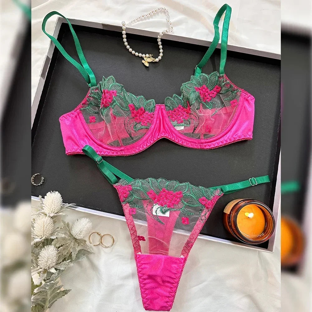 Floral Sexy Lingerie Lace Eroticу Bralette + Briefs Set Transparent Women's Underwear Embroidery Erotic Beautiful Bra And Panty - Charlie Dolly