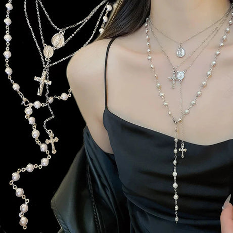 Cross Pendant Pearl Stacked Multilayer Necklace Jewelry