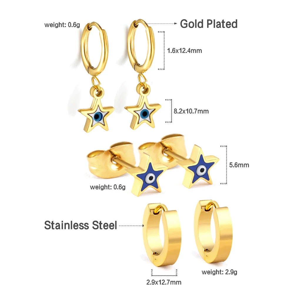LUXUSTEEL 3Pairs Boho Colorful Round Evil Eyes Stud Earrings For Women Men Gold Plated Stainless Steel Turkish Ear Jewelry Set