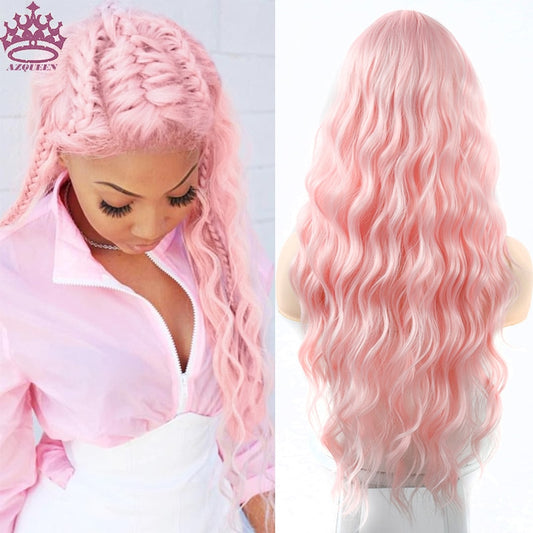 AZQUEEN Synthetic Wig for Women Long Pink Wigs Water Wave Heat Resistant Middle Part Natural Hair Wig Cosplay Wigs - Charlie Dolly