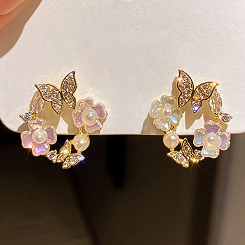 Korean Hollow Wreath Flower Earrings For Women Crystal Zircon Sweet Bee Butterfly Stud Earring Girl Wedding Party Jewelry - Charlie Dolly