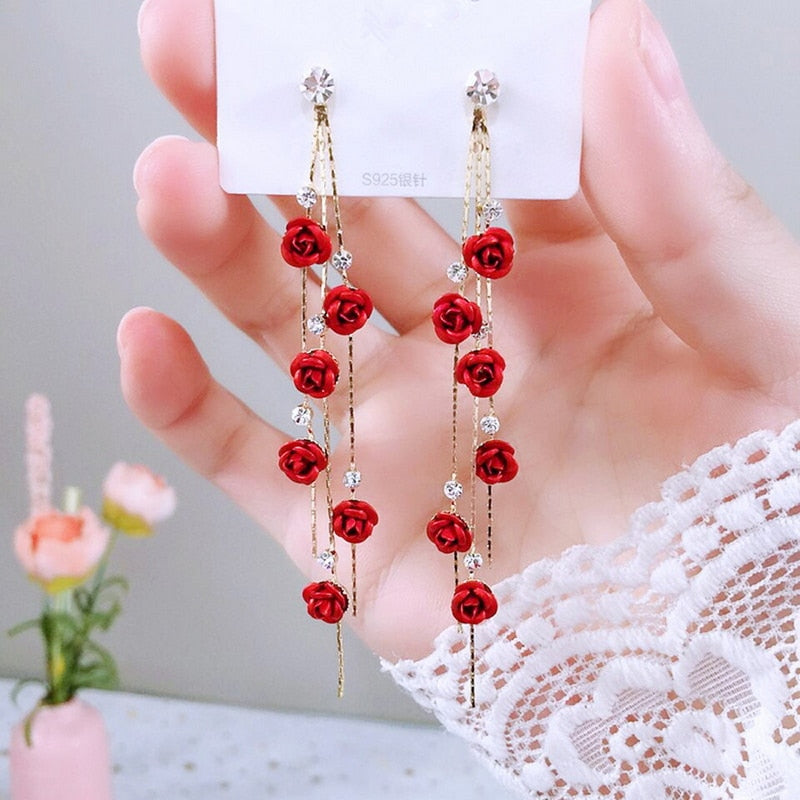 Korean Style Flower Asymmetrical Dangle Earrings for Women Shiny Rhinestone Long Tassel Cute Cat Earring Sweet Jewelry - Charlie Dolly