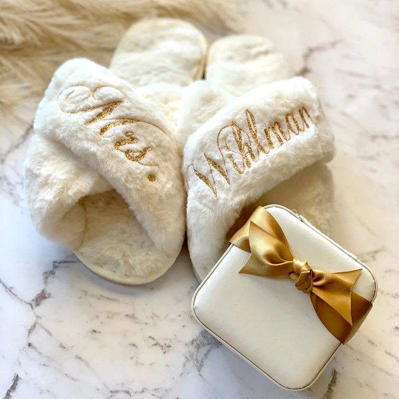 Personalized Cross Fluffy Slippers with Faux Fur Custom Bridesmaid Gifts Bridal Shower Wedding Bachelorette Party Warm Slippers - Charlie Dolly