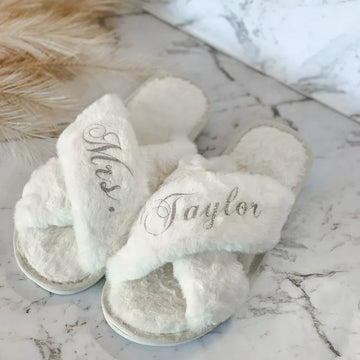 Personalized Cross Fluffy Slippers with Faux Fur Custom Bridesmaid Gifts Bridal Shower Wedding Bachelorette Party Warm Slippers - Charlie Dolly