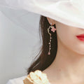 Korean Style Flower Asymmetrical Dangle Earrings for Women Shiny Rhinestone Long Tassel Cute Cat Earring Sweet Jewelry - Charlie Dolly