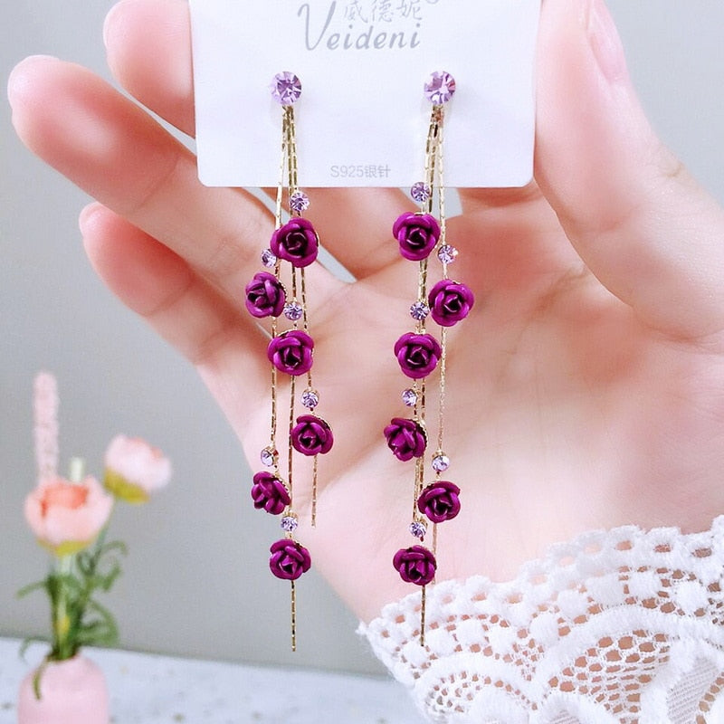 Korean Style Flower Asymmetrical Dangle Earrings for Women Shiny Rhinestone Long Tassel Cute Cat Earring Sweet Jewelry - Charlie Dolly