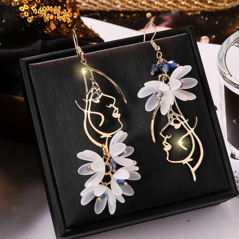 Korean Style Flower Asymmetrical Dangle Earrings for Women Shiny Rhinestone Long Tassel Cute Cat Earring Sweet Jewelry - Charlie Dolly