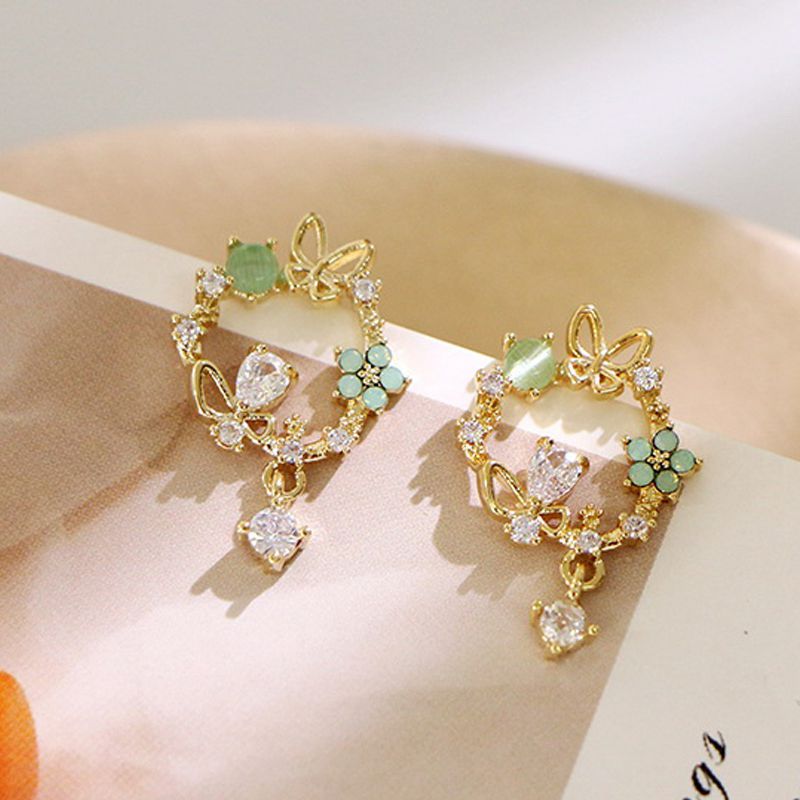 Korean Hollow Wreath Flower Earrings For Women Crystal Zircon Sweet Bee Butterfly Stud Earring Girl Wedding Party Jewelry - Charlie Dolly