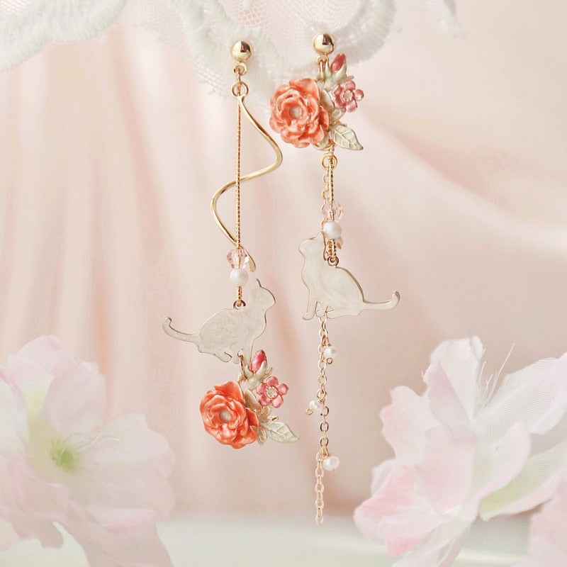 Korean Style Flower Asymmetrical Dangle Earrings for Women Shiny Rhinestone Long Tassel Cute Cat Earring Sweet Jewelry - Charlie Dolly