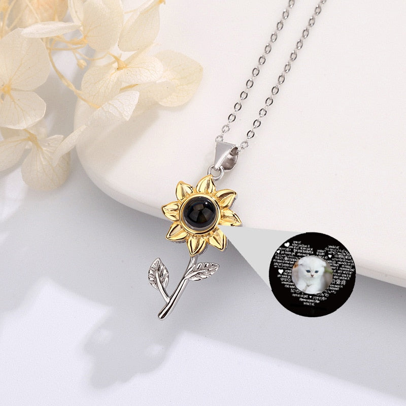 925 Silver Personalized Photo Projection Necklace Gold Petal Sunflower Flower Pendant Customized Photo Jewelry For Women