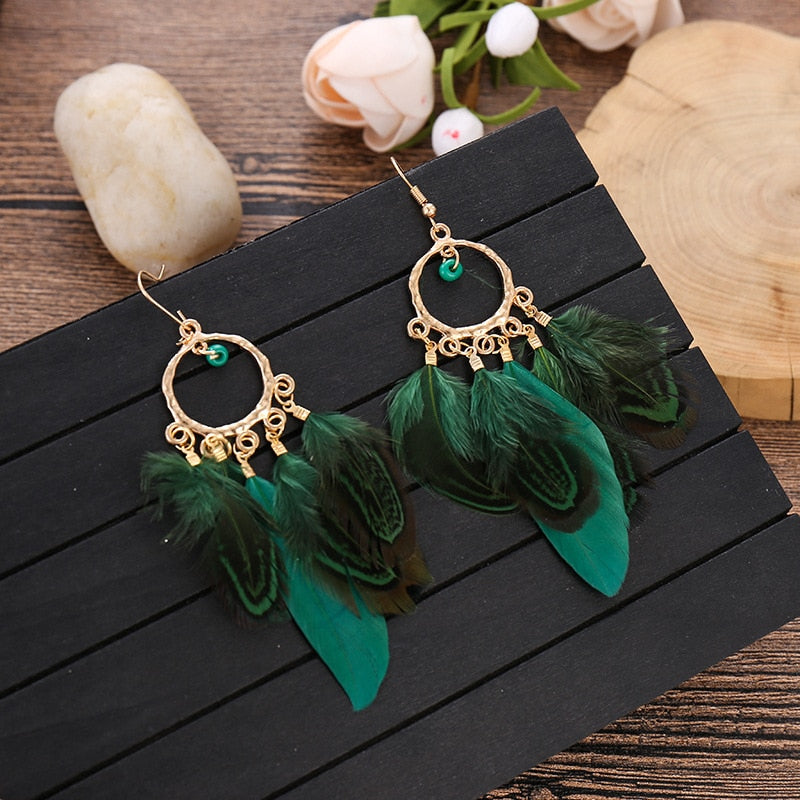 Bohemian Ethnic Round Green Rice Bead Feather Earrings for Women Retro Simple Temperament Dangle Earrings Party Wedding Jewelry - Charlie Dolly
