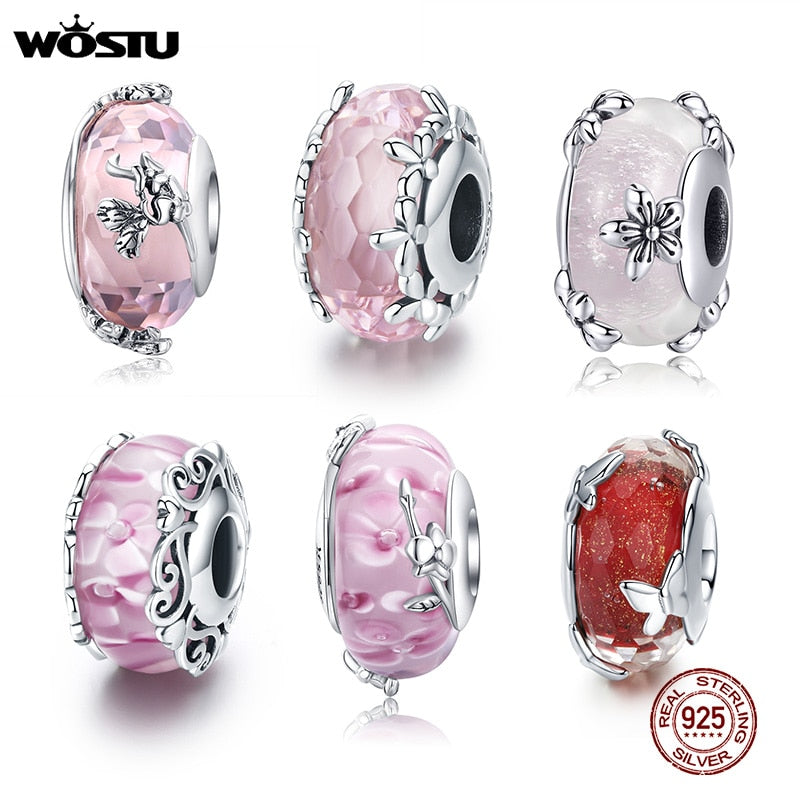 WOSTU Real 925 Sterling Silver Murano Glass Pink Beads Crystal Round Charms Fit Original Bracelet Pendant Luxury Jewelry Making - Charlie Dolly