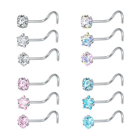 ZS 22g CZ Crystal Nose Studs Sets 12PCS/3PCS Nose Rings Studs Set Stainless Steel Nose Piercing Screws Fashion Nose Septum Rings - Charlie Dolly