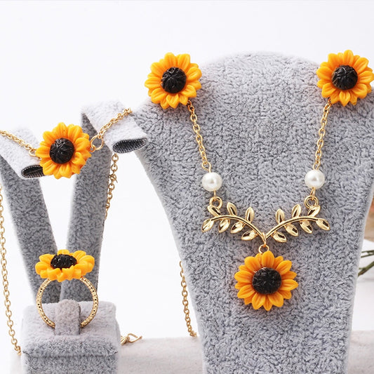 Fashion Creative Sunflower Sun Flower Rose Gold, Gold-Color, Silver-Color Necklace,4 Sets Of Accessories,Trendy Daisy Jewelry - Charlie Dolly