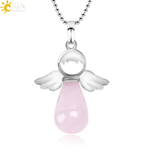 CSJA Angel Natural Stone Necklaces Pink Quartz Lapis Lazuli Necklace Angels Pendants for Women Purple Female Jewelry E947 - Charlie Dolly