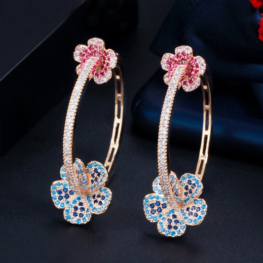 CWWZircons Designer Elegant Micro Pave Blue Red CZ Light Gold Color Big Round Flower Hoop Earrings for Women Jewelry Gift CZ810 - Charlie Dolly