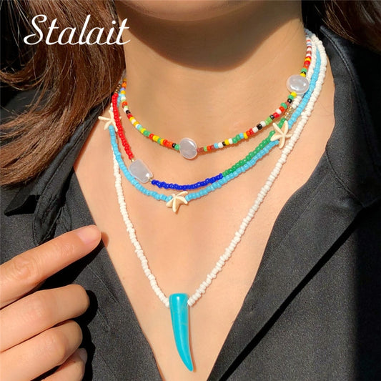 3 PCS OFF 10% Bohemian Colorful Seed Beads Necklace Long Horn Pendant Starfish Multi-layer Pearl Necklace Set For Women Jewelry - Charlie Dolly