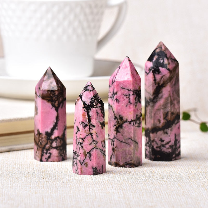 1pc Natural Quartz Point Rhodonite Healing Obelisk Pink Stone Wand Rhodochrosite Ornament for Home Decor Energy Stone Pyramid - Charlie Dolly