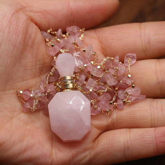 Natural Stone Perfume Bottle Necklace Pink Quartz Pendant Charms For Elegant Women Love Romantic Gift 60 CM - Charlie Dolly