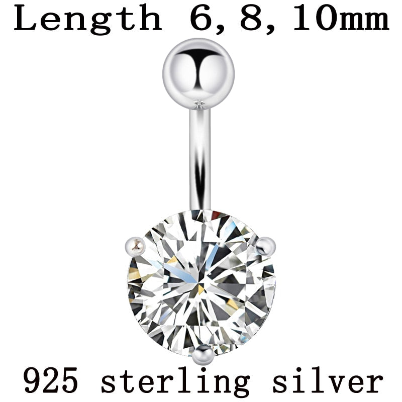 Belly button ring real 925 sterling silver prong 10mm zircon clear stone body jewelry free shipping navel ring piercing jewelry