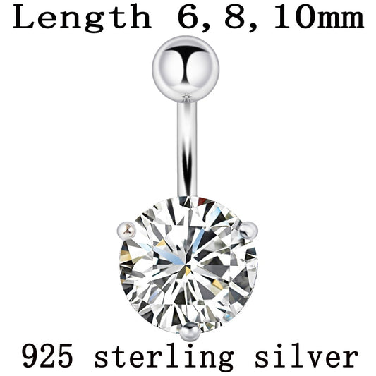 Belly button ring real 925 sterling silver prong 10mm zircon clear stone body jewelry free shipping navel ring piercing jewelry - Charlie Dolly