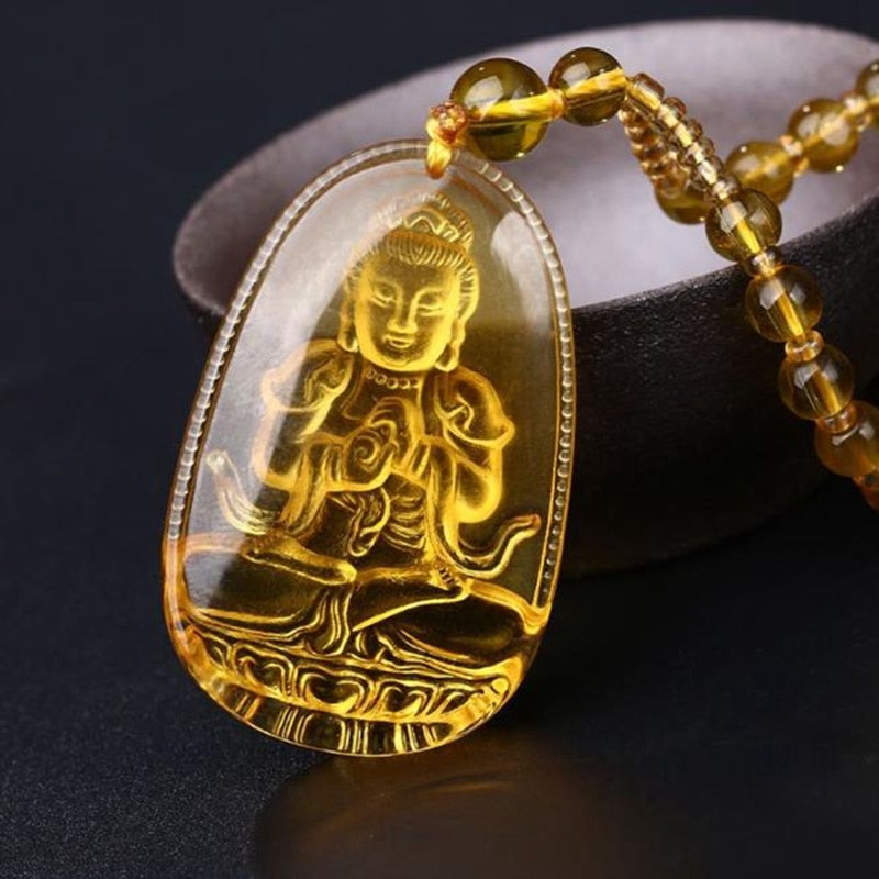 Buddha Guardian Gods Pendant Necklace For Women Men Carved Yellow Stone Amulet Necklaces Jewelry - Charlie Dolly