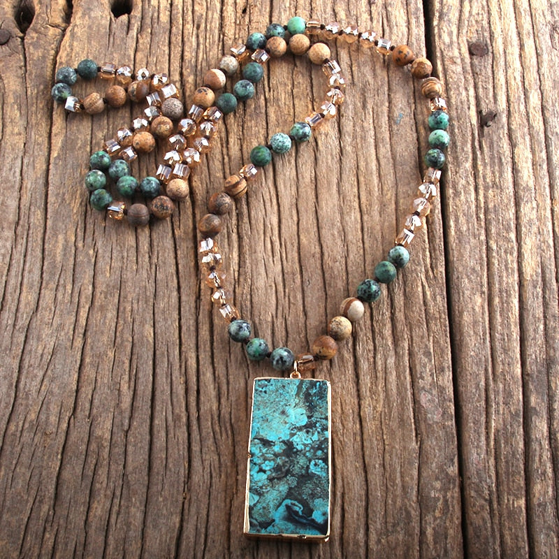 RH Fashion Boho Jewelry Natural Stones Long Knotted Semi Precious Stone Rectangle Pendant Necklaces Women Bohemia Necklace Gift - Charlie Dolly