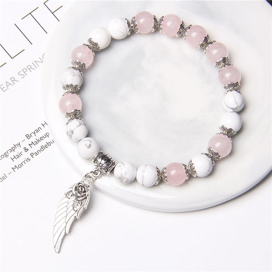 Handmade Silver Color Rose Angel Wing Pendant Bracelet Natural Pink Quartz Crystal Beads Charm Bracelet Women Romantic Jewelry - Charlie Dolly