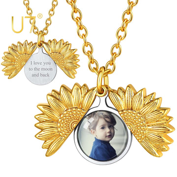 U7 Picture Sunflower Locket for Women Customized Photo Memory Locket Necklace - Charlie Dolly