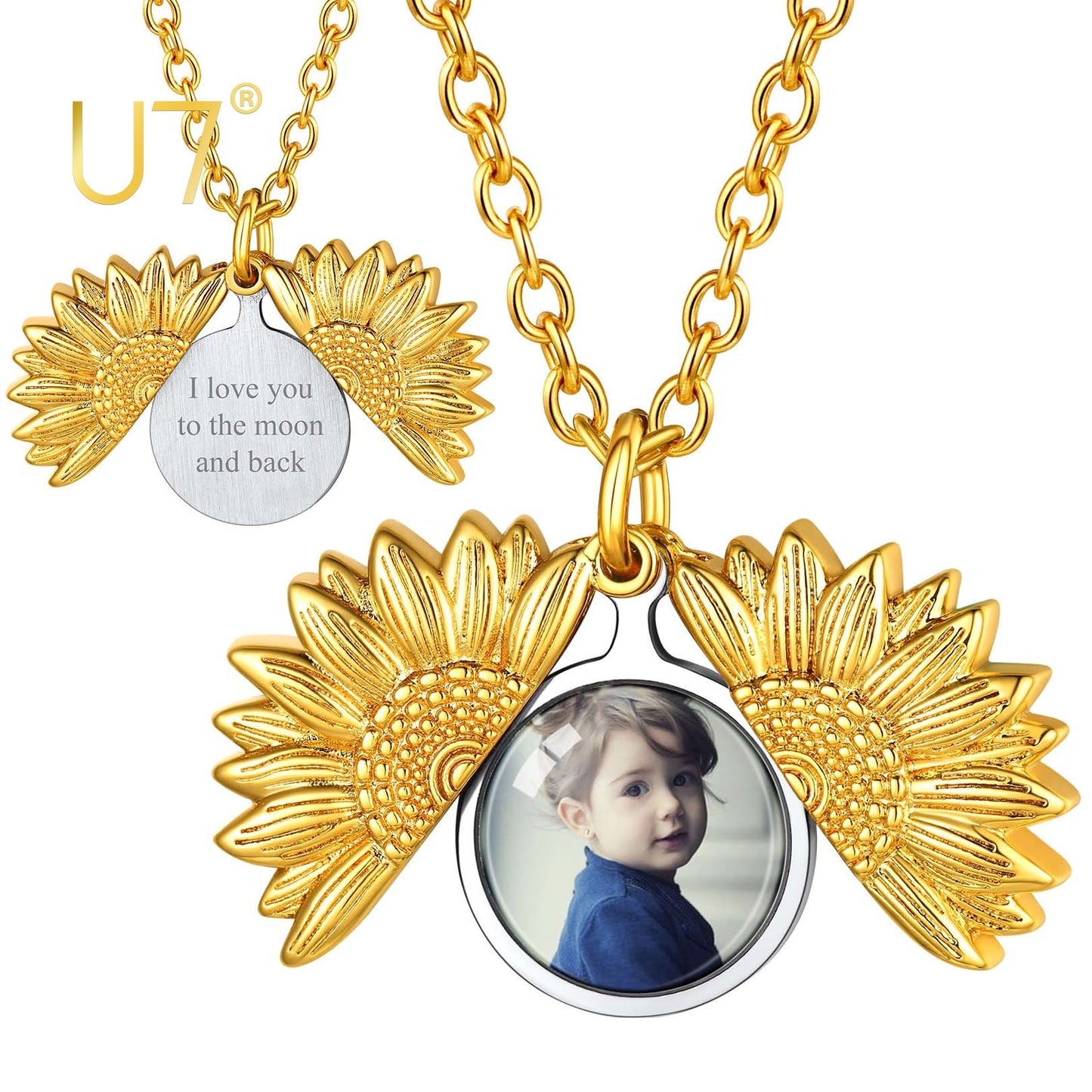 U7 Picture Sunflower Locket for Women Customized Photo Memory Locket Necklace