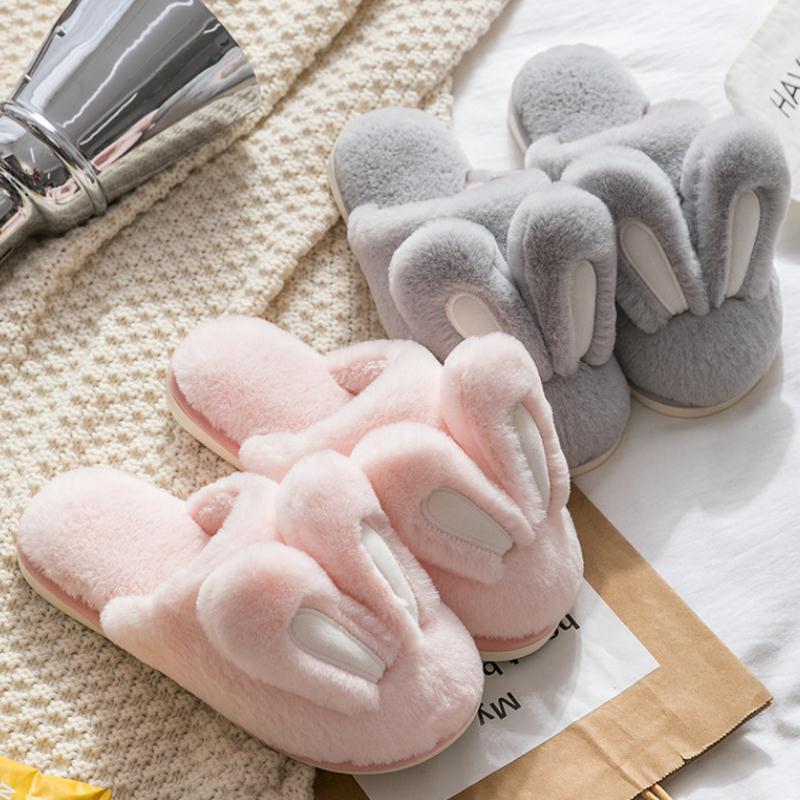 Women Warm Faux Fur Slippers Cute Rabbit Ear Lovers Indoor Slipper Soft Plush Anti-slip Winter Female Home Floor Shoes SH462 - Charlie Dolly