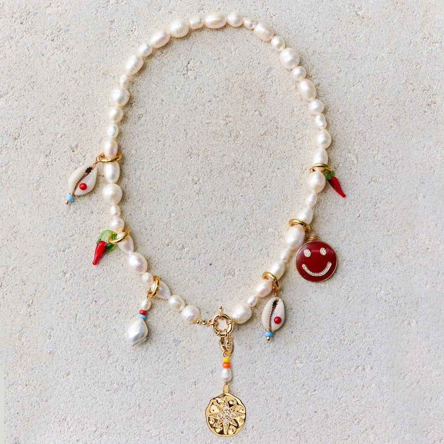 puka shell charms red chili charms smile pendant natural freshwater pearl necklaces for women 2020 bohemian DIY jewelry - Charlie Dolly