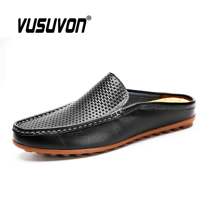 Italian Men Slippers Genuine Leather Loafers Moccasins Outdoor Non-slip Black Casual Slides Summer Spring Fashion Shoes 2020 - Charlie Dolly