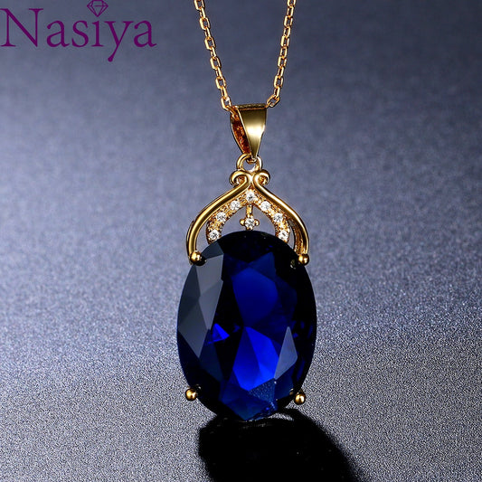 Amethyst Sapphire Gemstone Charm 18k Gold Plated Silver 36CT Oval Crystal Zircon Pendant Necklace Lady Wedding Jewelry - Charlie Dolly