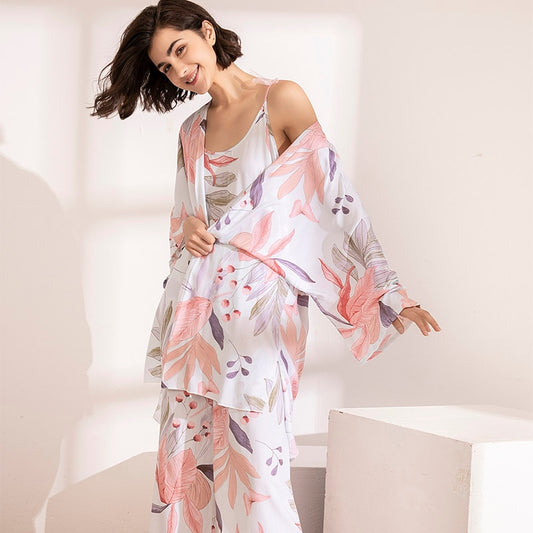 HOT SELLING 3Pcs Soft Pajama Set For SPRING & FALL Ladies Sleepwear Floral Printed  Pink Leaves Cardigan+Camisole+Pants Homewear - Charlie Dolly