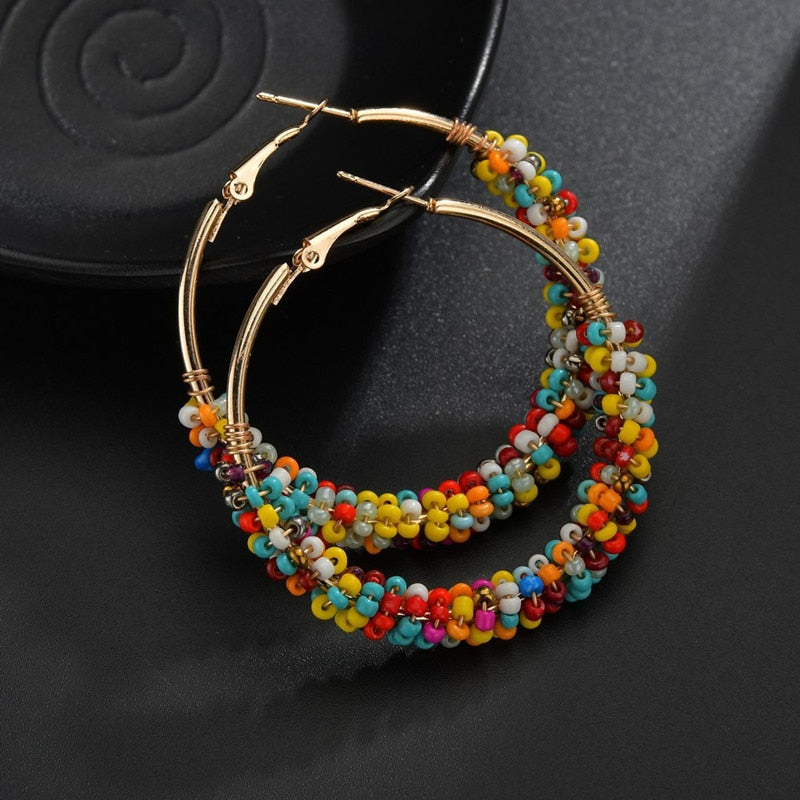 Kymyad Bohemian Multicolor Beads Hoop Earrings For Women Handmade Boho Ear Vintage Jewelry Gold Color Big Statement Earrings