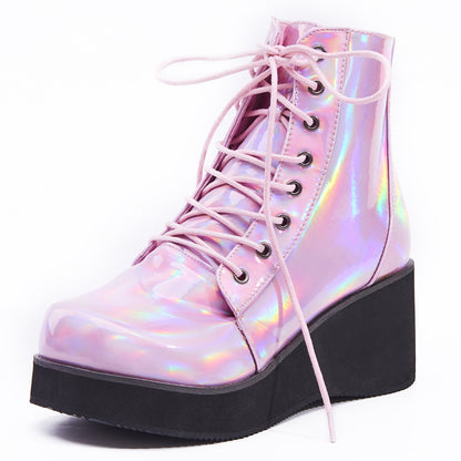 JIALUOWEI New Style Unisex's Shoes Punk Wedge Heel 7cm Pink Holographic Leather Halloween Costumes Gothic Ankle boots