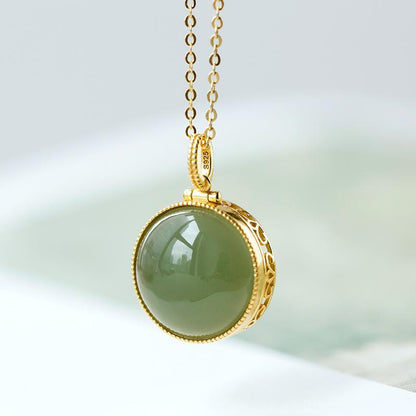 Original design  natural Hetian jade round hollow openable necklace pendant temperament exquisite charm ladies jewelry