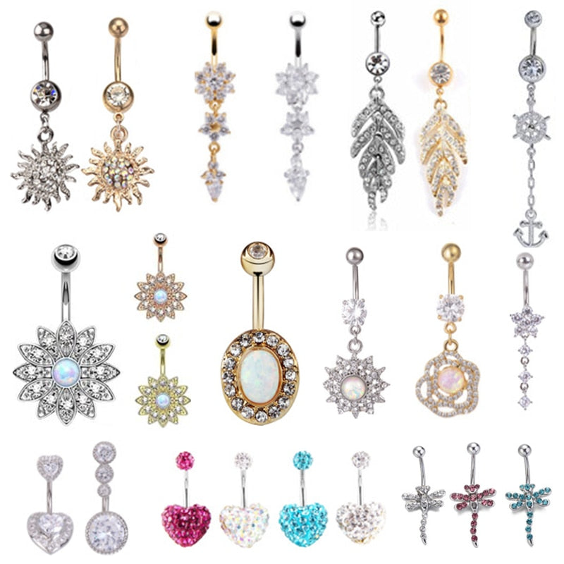 1PCS Flower Dangling Navel Belly Button Piercing Ring Bent Barbells Opal Belly Chain Jewelry Stainless Steel Women Body Jewelry - Charlie Dolly