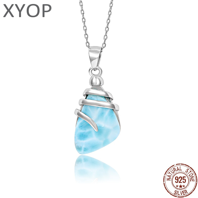 Shell Design 925 Sterling Silver Jewelry Gifts Classic Retro Precious Natural Larimar Pendant Necklace - Charlie Dolly