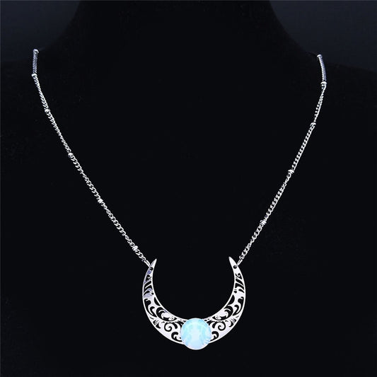 2023 Moon Moonstone Stainless Steel Chain Necklace Women Silver Color Pendants Necklaces Boho Jewelry bijoux femme N1129S04 - Charlie Dolly