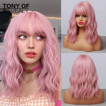 Medium Length Water Wave Synthetic Wigs Cute Pink Wigs With Bangs for Women Cosplay Natural Heat Resistant Bob Lolita Hair - Charlie Dolly