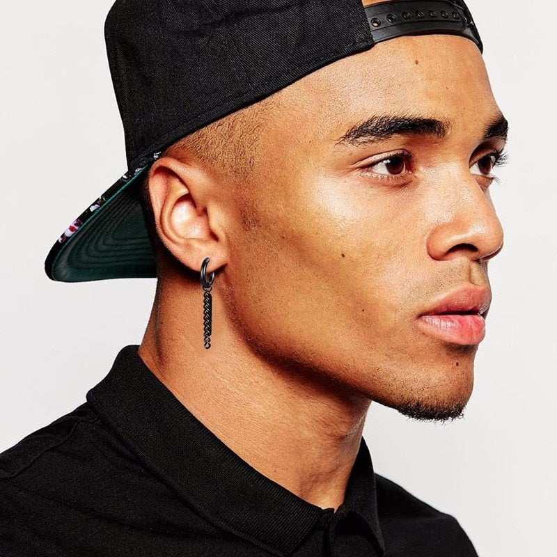 Men Bar Detail Hoop Earring For Women Men Piercing Stainless Steel Fringed Chain Earing
