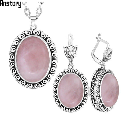 Oval Pink Quartz Amethysts Natural Stone Jewelry Set Snail Flower Antique Silver Plated Necklace Earrings Vintage Jewelry TS480