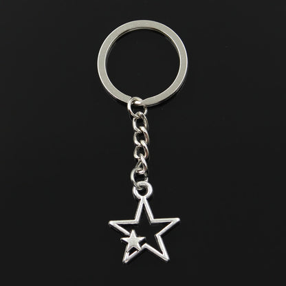 Fashion 30mm Key Ring Metal Key Chain Keychain Jewelry Antique Bronze Silver Color Plated Hollow Double Star 27x21mm Pendant